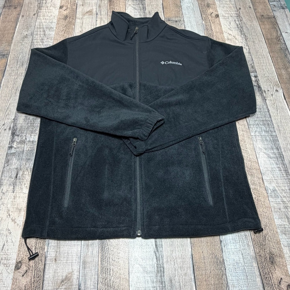 Columbia Fleece Jacket Mens Large Black Full Zip Softshell Overlay Hiking Jacket